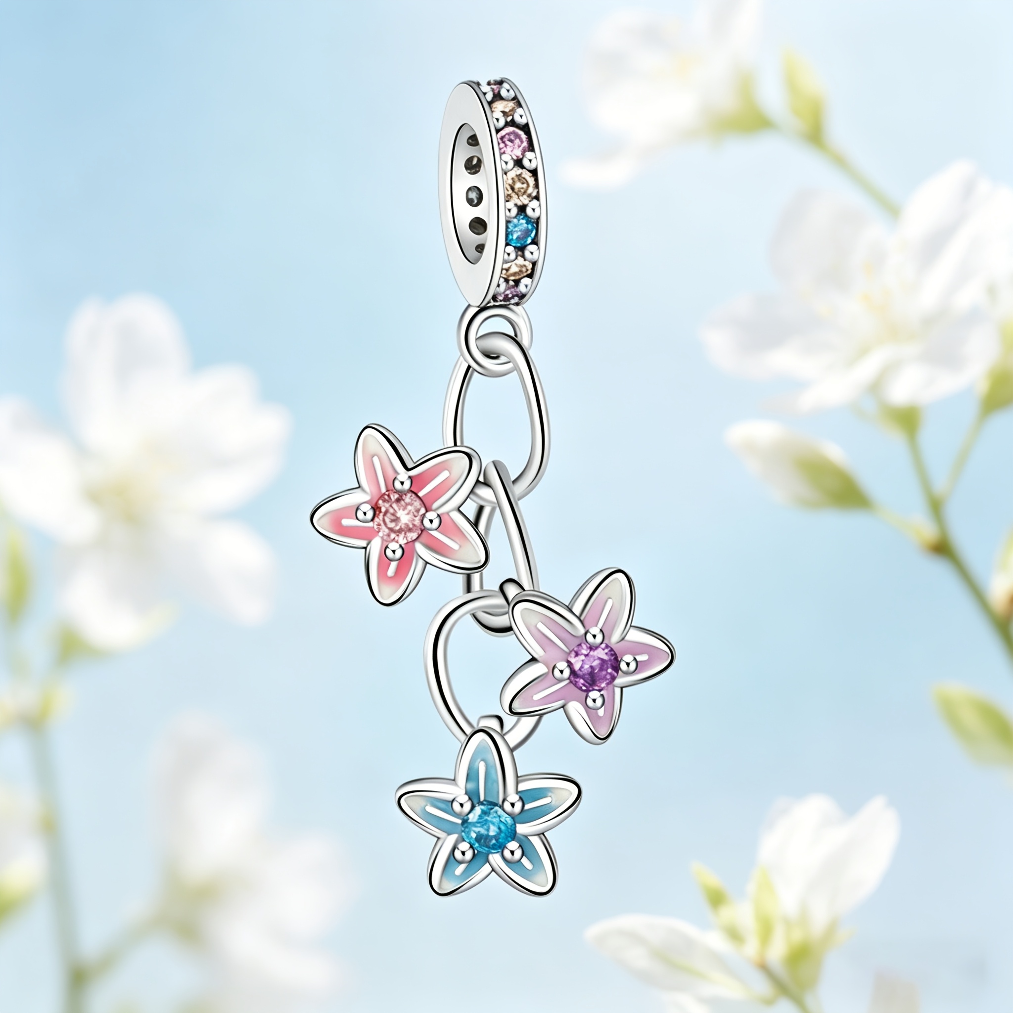 Women's Silvery Plated Copper Three Color Flower Pendant Bead