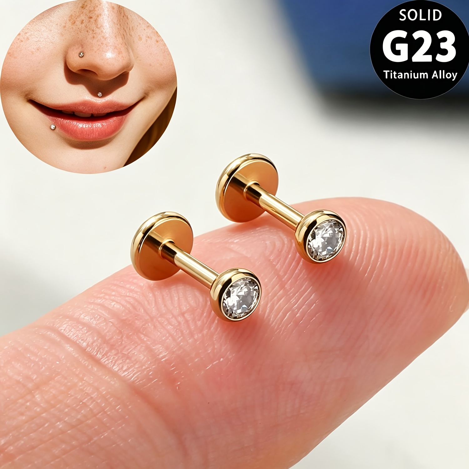 TEMU 2pcs Minimalist Cz Cup-shaped Lip Studs - Grade Pure G23 Titanium, Ultra--friendly 16g Tragus Bar, Cartilage Conch Flat Back Ear Lobe Piercing