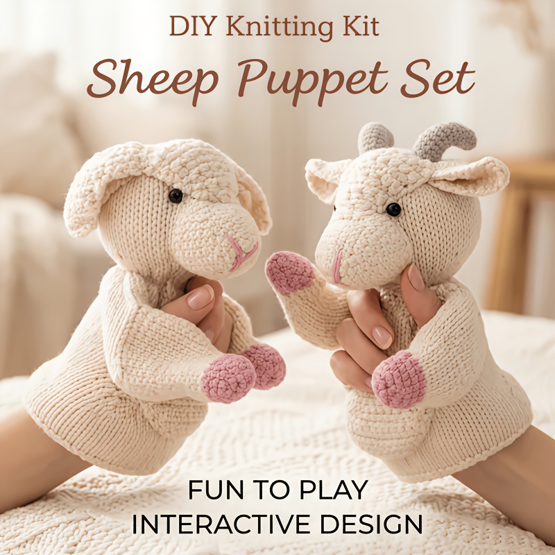 diy stick needle lamb hand puppet craft kit suitable for beginners complete with knitted stuffed lamb fabric material   instructions unfinished project for tabletop decoration no knitting needles included