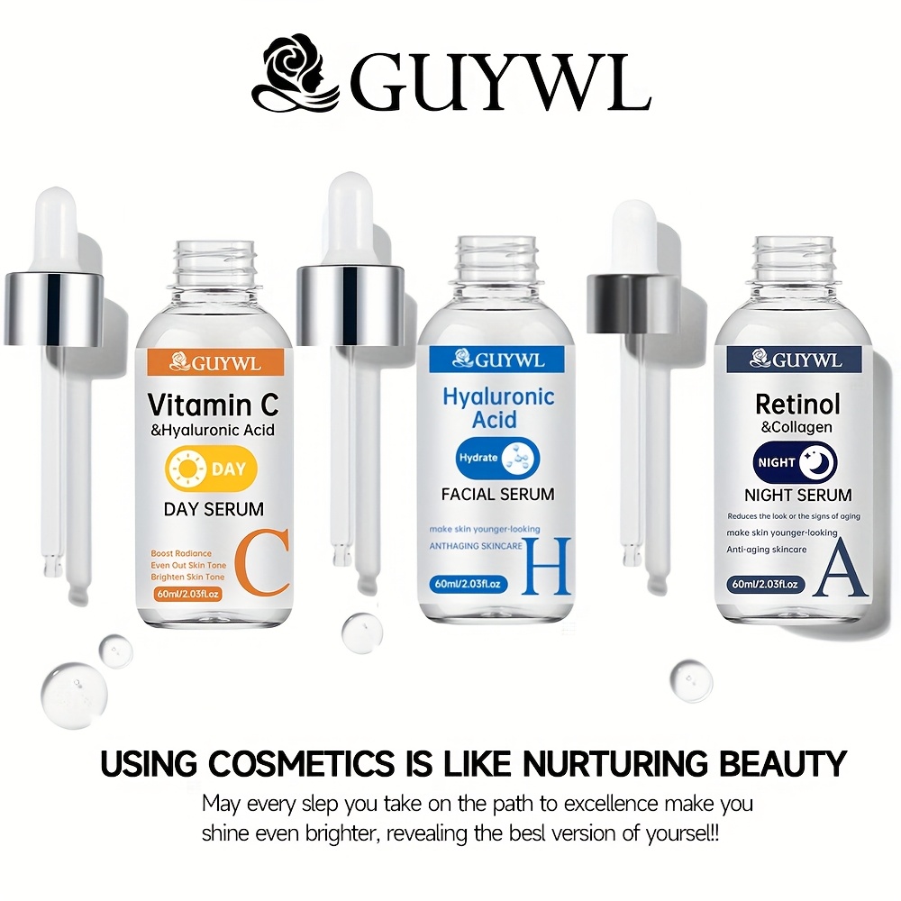 Le coffret 3 pièces de Guywl comprend des sérum de vitamine C, de rétinol et d'acide hyaluronique jour et nuit, associés au collagène, à l'acide tranexamique et à la niacinamide. Il éclaire le teint, raffermit la peau, hydrate en profondeur et uniformise le teint.