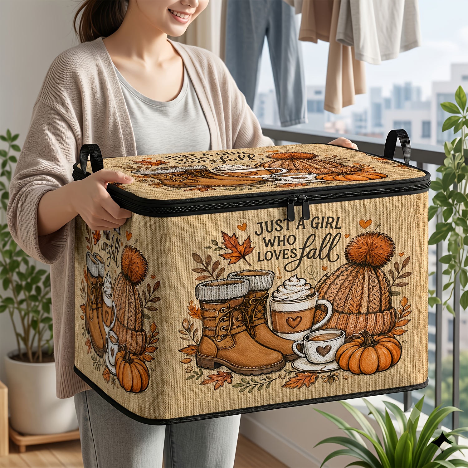TEMU Boîte de rangement non tissée à grande sur le thème de , motif citrouille, pull, bonnet, tasse à café, bottines, feuille d'érable, organisateur