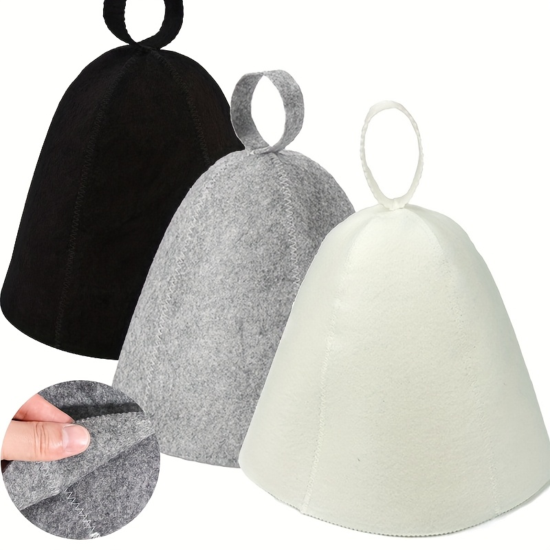 

2pcs Sauna Hats In Black, Dark Grey & White - Felt Vaporarium Quick-dry Hair Turban For Indoor & Infrared Saunas - Absorbent, Damage-free Drying With Loop For