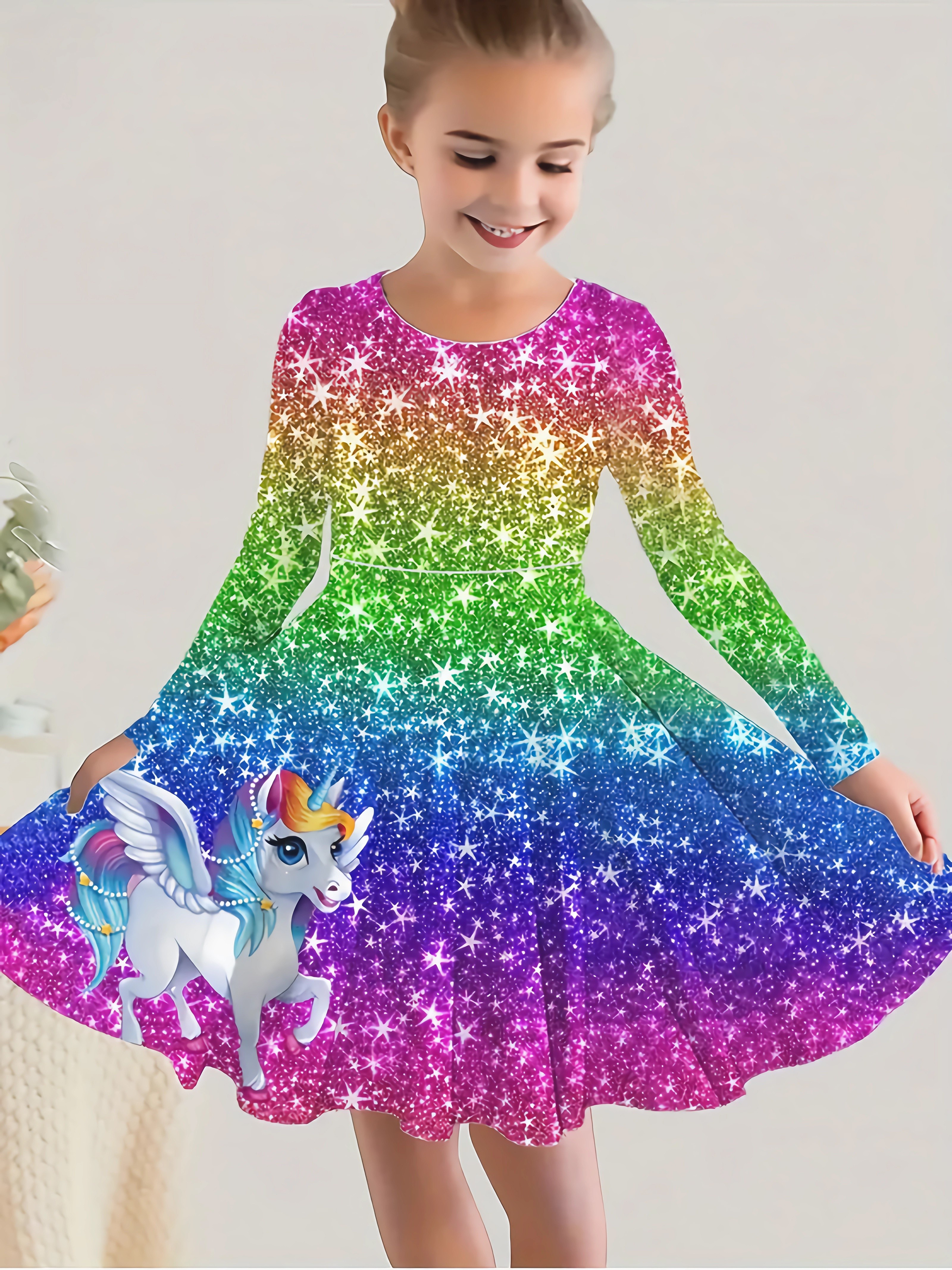 DXTON Spring Children Unicorn Dress For Girls Kids Clothes Sequin Cotton  Girls Dress Rainbow Long Sleeve Casual Kids Dress 3-12Y