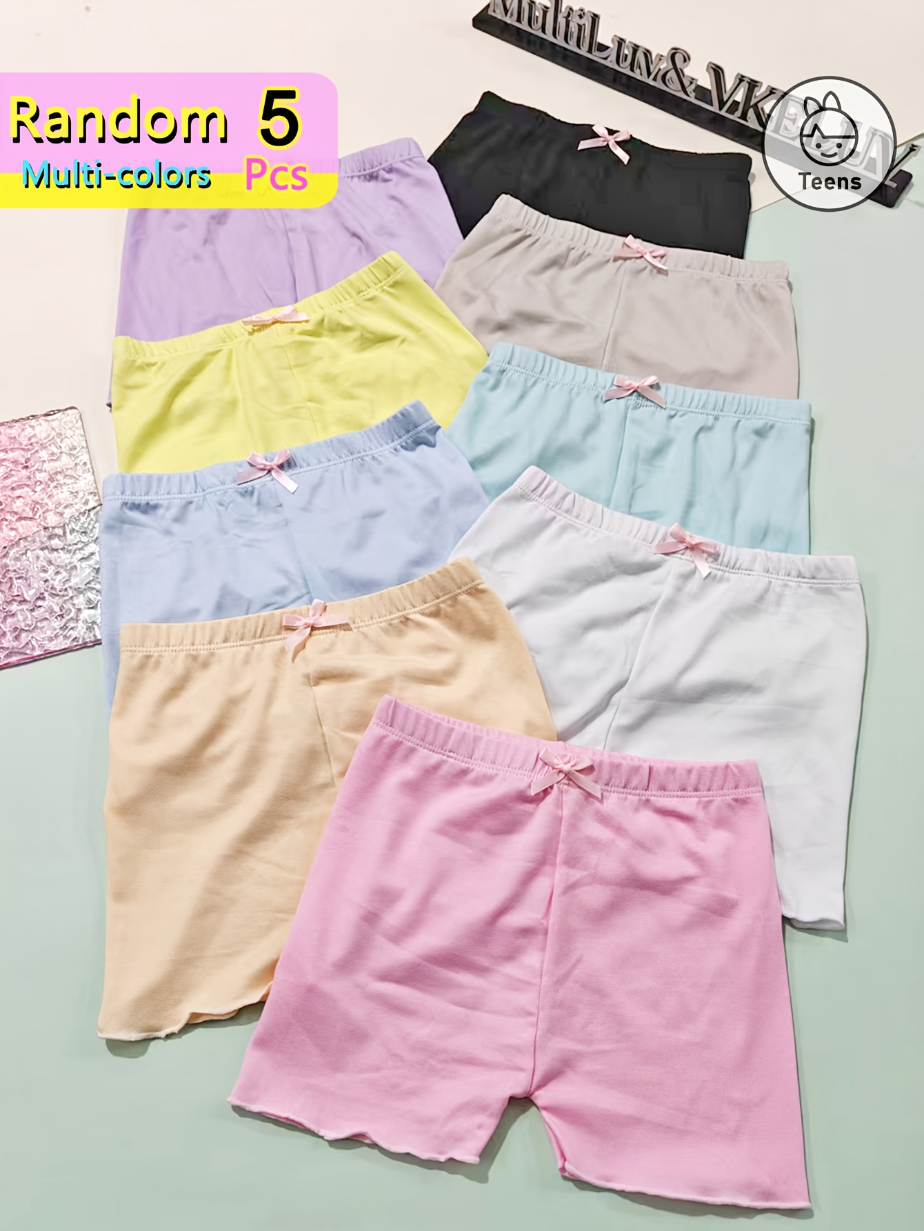 5pcs set of random colors girls solid color shorts with bow decoration pleated cuffs elastic waistband comfortable and breathable