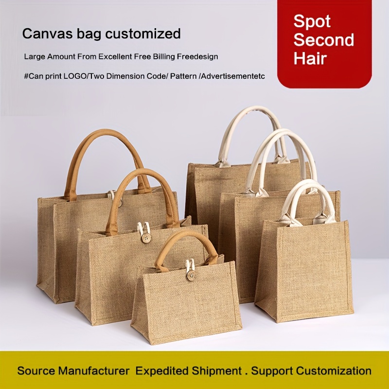

1pc Unprinted Linen Bag, Printed Logo Handbag, Linen Jute Shopping Cotton Hemp Tote Bag