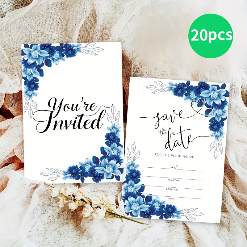 TEMU 20pcs Watercolor Blue Floral Wedding Invitations Suitable For "" , Bridal Shower & Wedding Decorations - Elegant Floral Paper Invites For