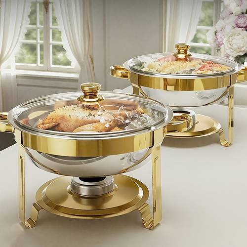 premium golden buffet hot pot with glass lid 5qt stainless steel golden round self service hot pot 95 pre assembled complete with a stainless steel golden stand and buffet heater set with glass lids cooking food warmer chafing