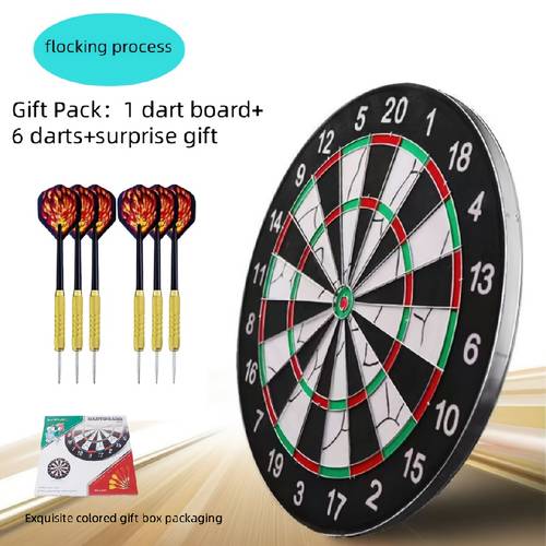 a 17 inch double sided dartboard with a flocked surface with 6 and 6 brass plated 18g ideal for adult leisure in bars billiard and for