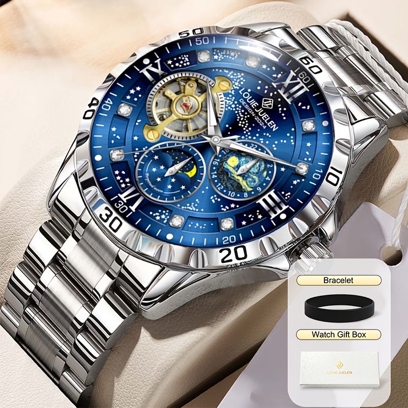 Green Sun Chronicle Men's Mechanical Watch, Moon Eyes Automatic Movement, Hollow Starry Sky Pattern Dial, Iconic Pit Pattern Bezel, Manager Accessories