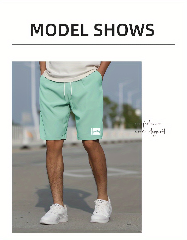 Men's Slim Fit Shorts With Pockets For Summer Outdoor, Casual Letter Print Slightly Stretch Drawstring Graphic Clothes