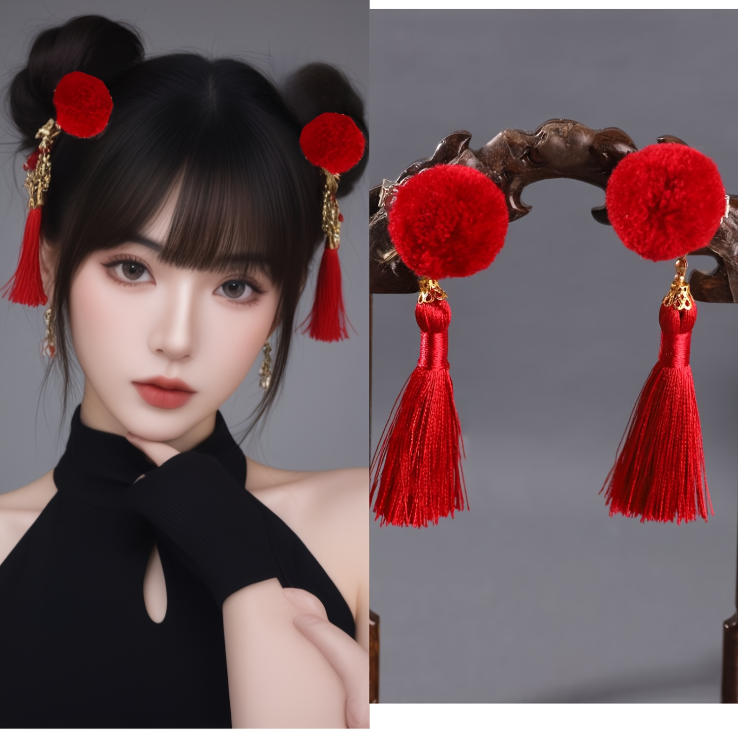 

A Pair Of Red Pom-poms With Long Tassel Hair Clips, Traditional Chinese Red Hair Accessories, Hanfu Ancient Style Decorations, Festive New Year Hair Ornaments, New Year Party Outfits.