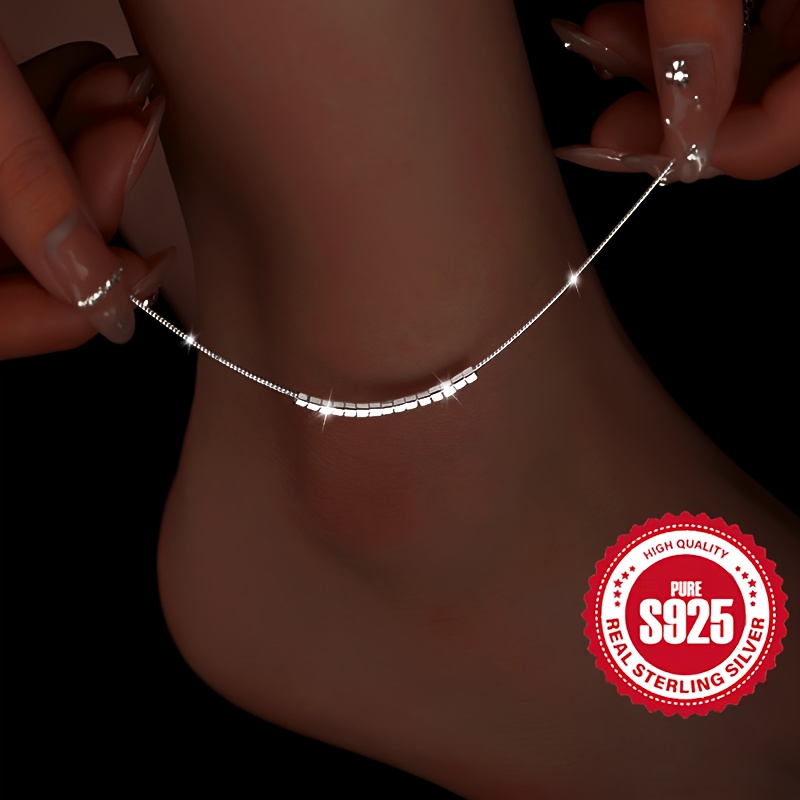 

925 Sterling Silver Small Square Geometric Anklet Bracelet 2 Wear Ladies Dressing Daily Wear Vacation Beach Holiday Gift Hypoallergenic