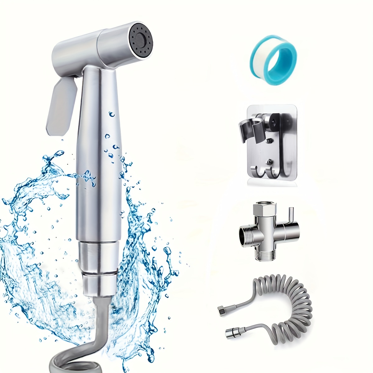 

Stainless Steel Toilet Bidet Sprayer Set With Handheld Nozzle, T-adapter, Hose, And Wall Mount Bracket For Personal Hygiene And Laundry Washing