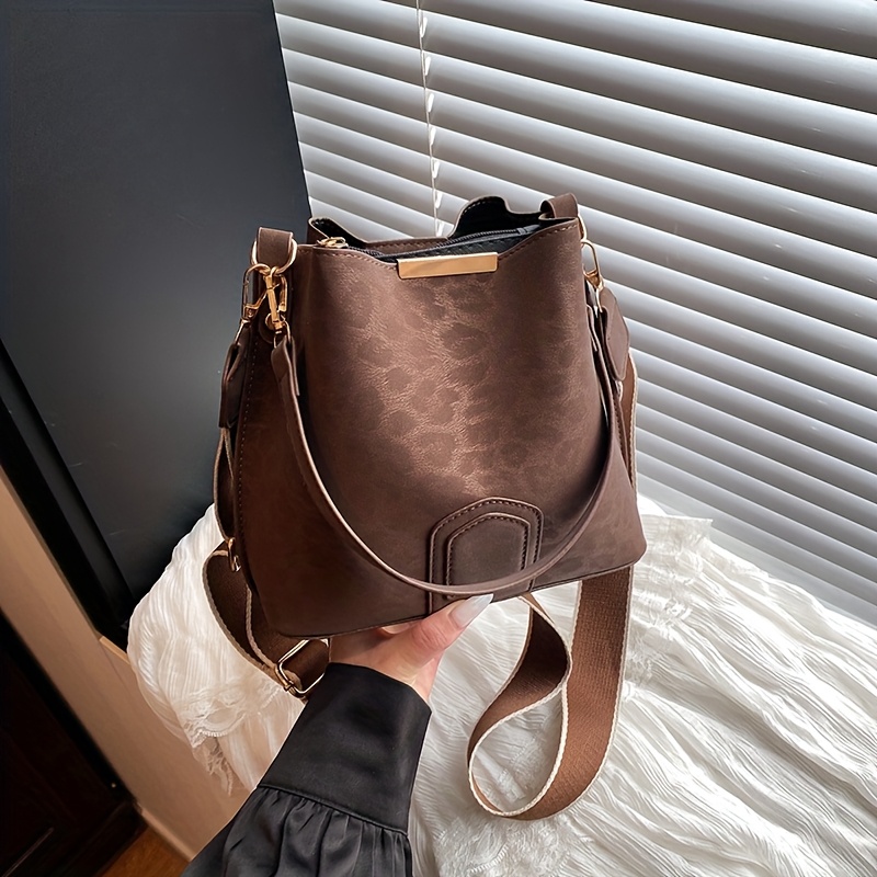 Women's Vintage Fashion Crossbody Bag With Wide Strap, Versatile Commuter Bucket Bag For Shopping, Handheld Or Shoulder Carry, Trendy Stylish Purse