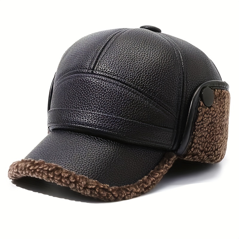 

1 Men's Winter Leather Cap With Fleece Lining - , Baseball Hat, Fashionable Black And Brown Knit Design For Cold , Winter Clothes