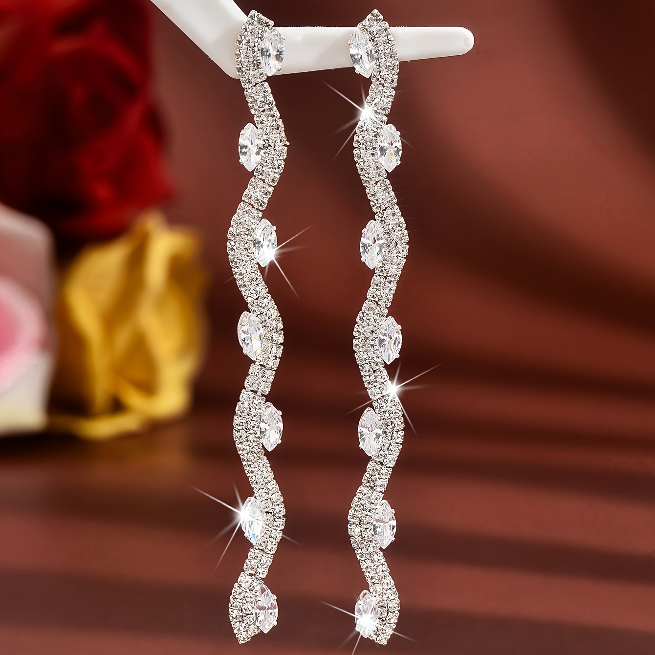 Women's Light Luxury S-shaped Wave Long Drop Earrings, Sparkling Design