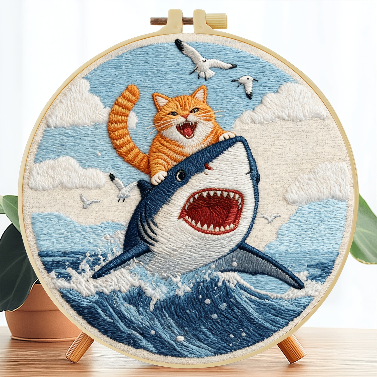 TEMU 1 Set Of Embroidery Kit, Size 15 * 15cm/5.9 * 5.9in-20 * 20cm/7.9 * 7.9in, Theme: Cat Riding Shark, With Embroidery Frame, Handmade Diy