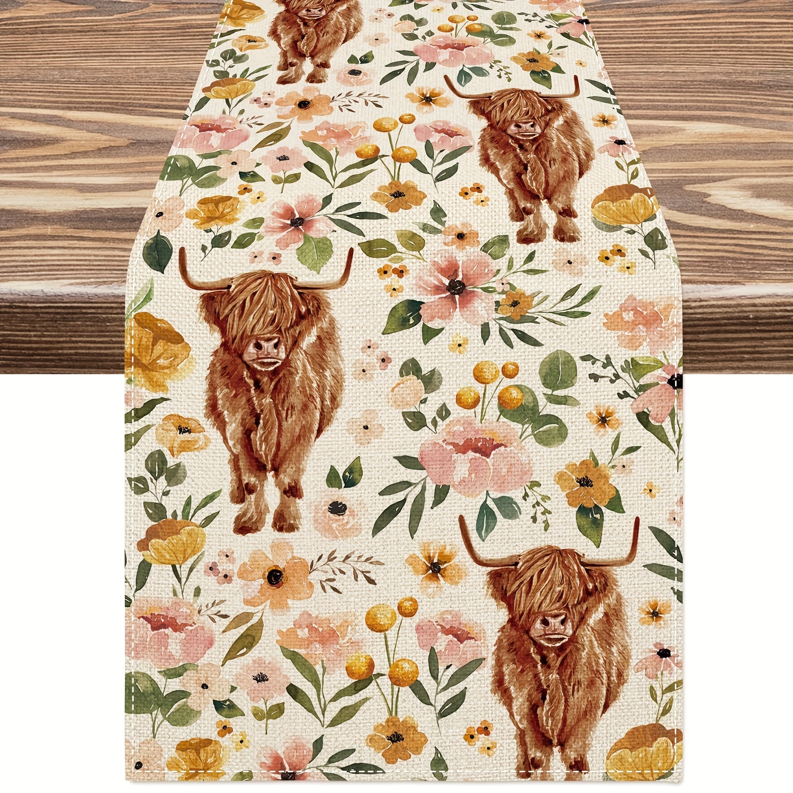 

1pc, Table Runner, Boho Floral Highland Cows Printed Table Runner, Watercolor Flower Kitchen Dining Table Decor, Cute Highland Cow Table Cover, Indoor Party Table Decor