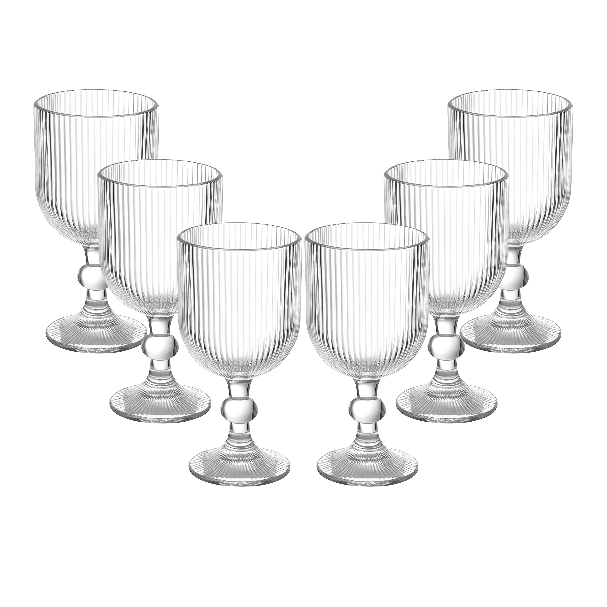 Image of Vintage Glass Cups, Set Of 6, 12.5 Oz/ 370 Ml Clear Glass Water Cups, Wine Glasses, Unique Striped Pattern, Clear Stemmed Glassware For Weddings, Parties, Bars, Stemmed Drinking Cups
