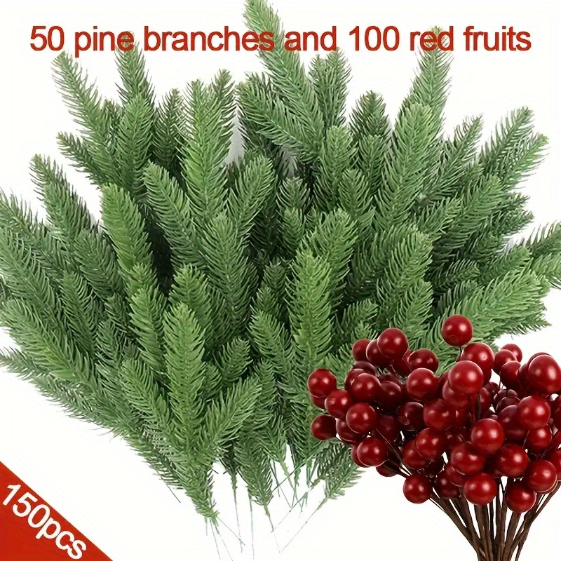 Image of 150pcs Including 50 Artificial Christmas Cedar Branches And 100 Mini , Suitable For Diy Crafts, Wreaths, Home Decoration, And Christmas Tree Ornaments. For Seasonal Autumn And Desk Plastic Plants.