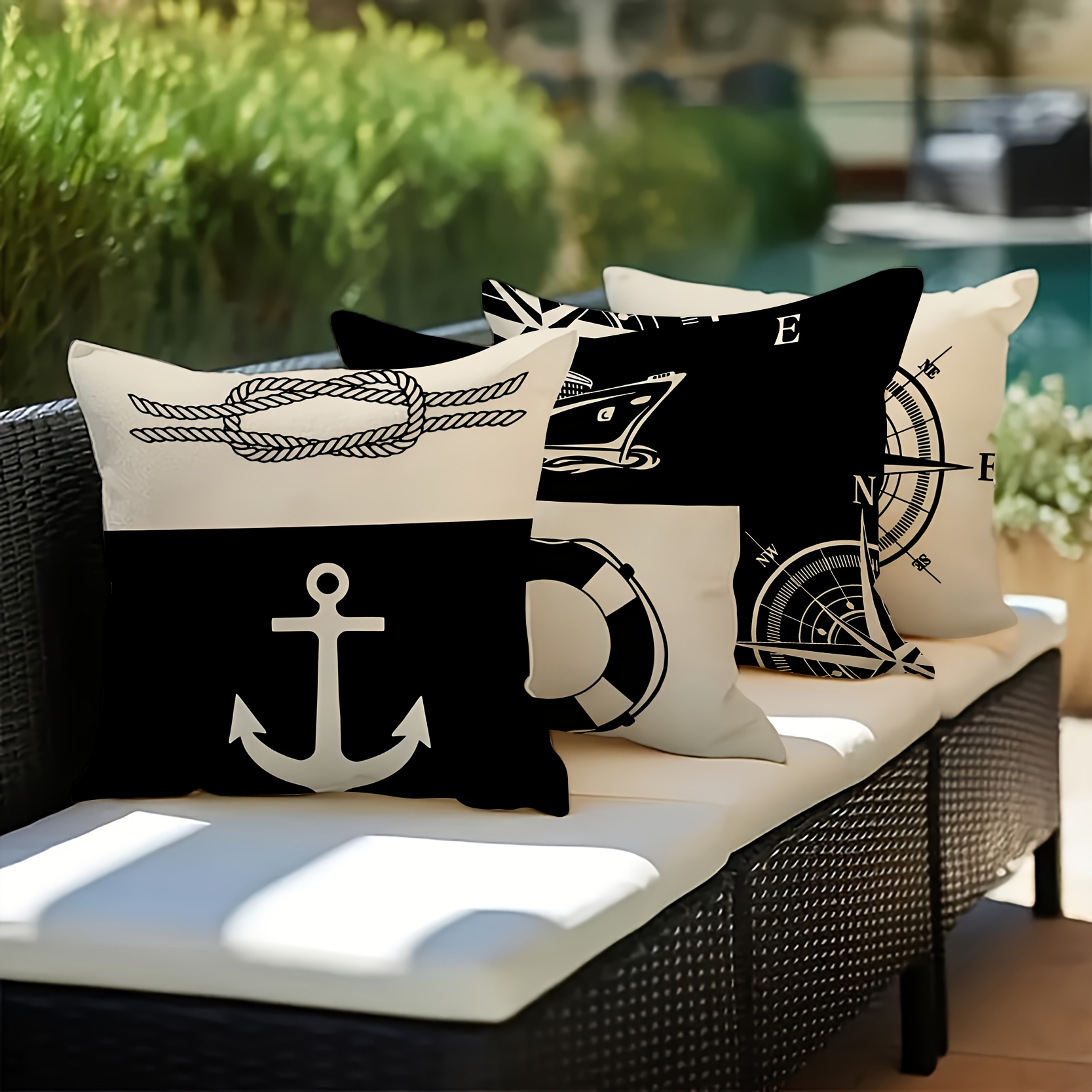 TEMU Set Of 4 Decorative Pillow Covers Featuring A Nautical Style With Compass And Anchor Designs, Made From Modern Polyester Material, Machine