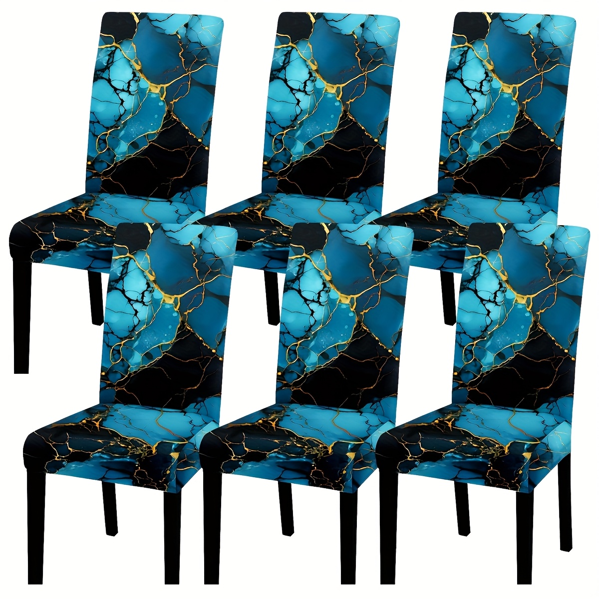TEMU [open ] 4/6pcs Blue And Golden Lines, Marble Pattern, Stylish And Easy Printed Chair Cover, Removable And Washable Chair Cover, Soft And Elastic
