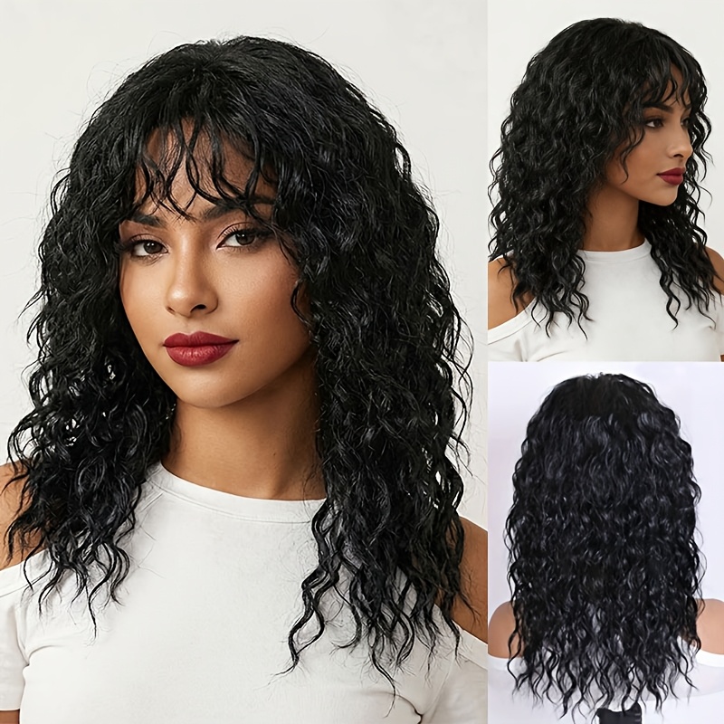 Image of Glueless Wig Synthetic Shoulder Length Water Wavy Wig With Bangs For Women, Featuring High Density Curly Wavy Perfect For Daily Wear Or Parties Beginner Friendly