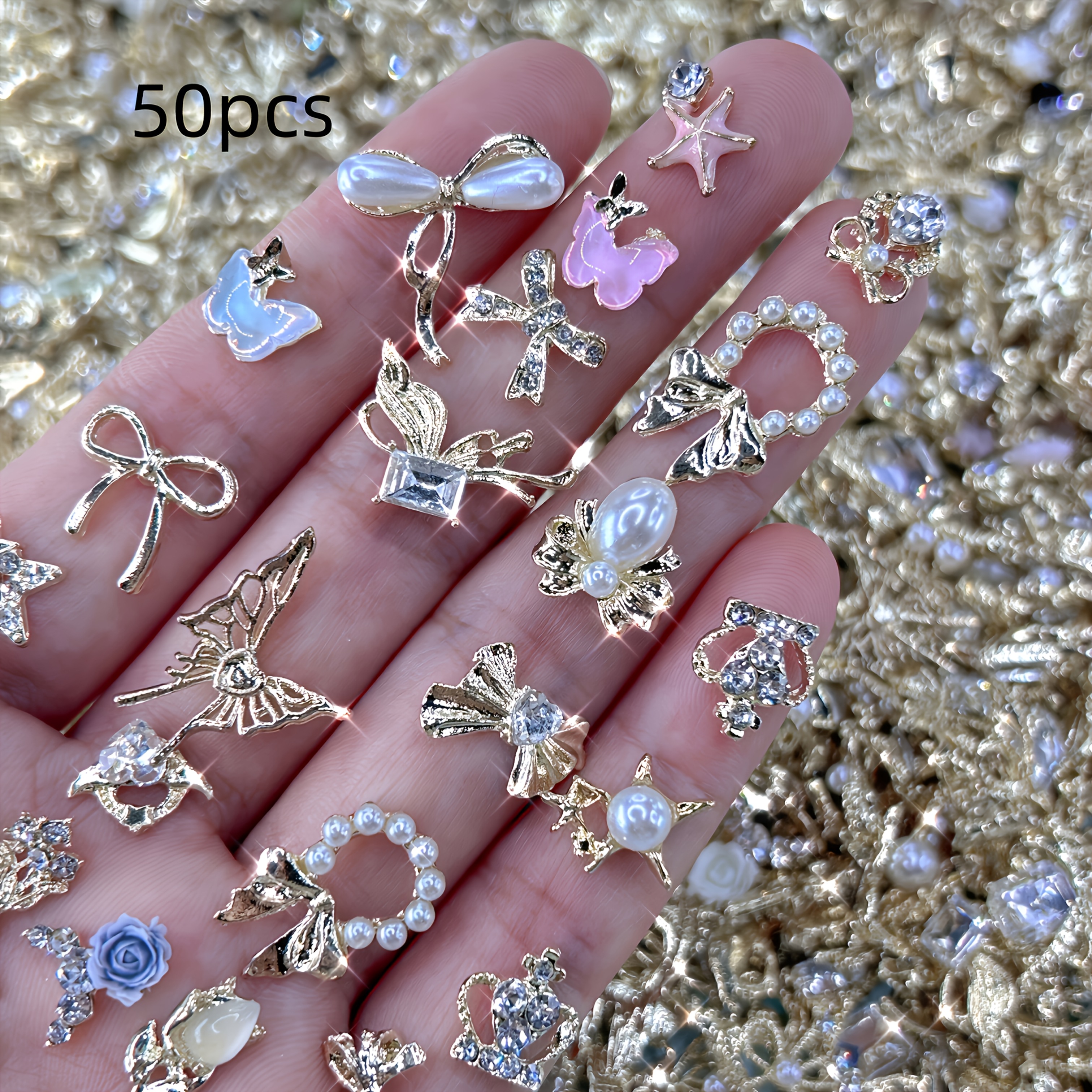 Image of 50pcs Mixed Luxury Alloy Pendant Set: With Rhinestones, Pearls, And Golden, Black Pendants For Art