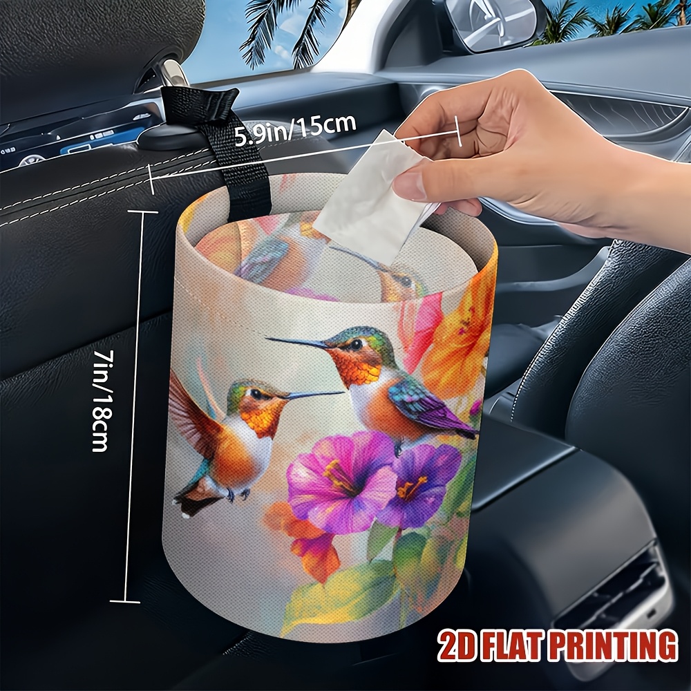 TEMU 1pc Vibrant Hummingbird & Floral Print Car Trash Can - Sturdy, Portable, And Spacious Vehicle Waste Organizer, Easy-to-, Interior Accessories