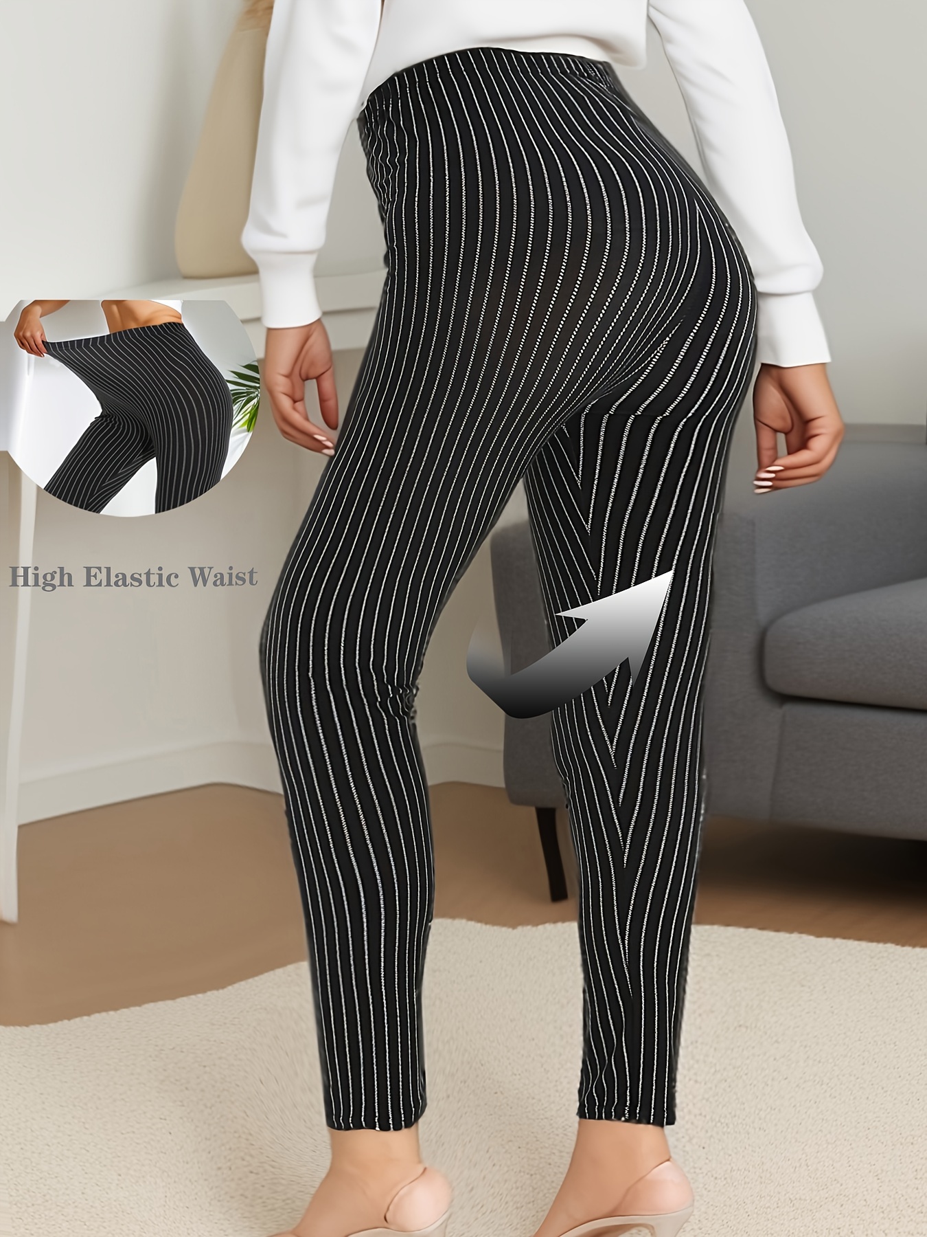 Women'S High Waist Striped Polyester Spandex Leggings, Casual Stretchy Cropped Skinny Pants, Knit Fabric, for All-Season Comfort, Weekend Casual Wear