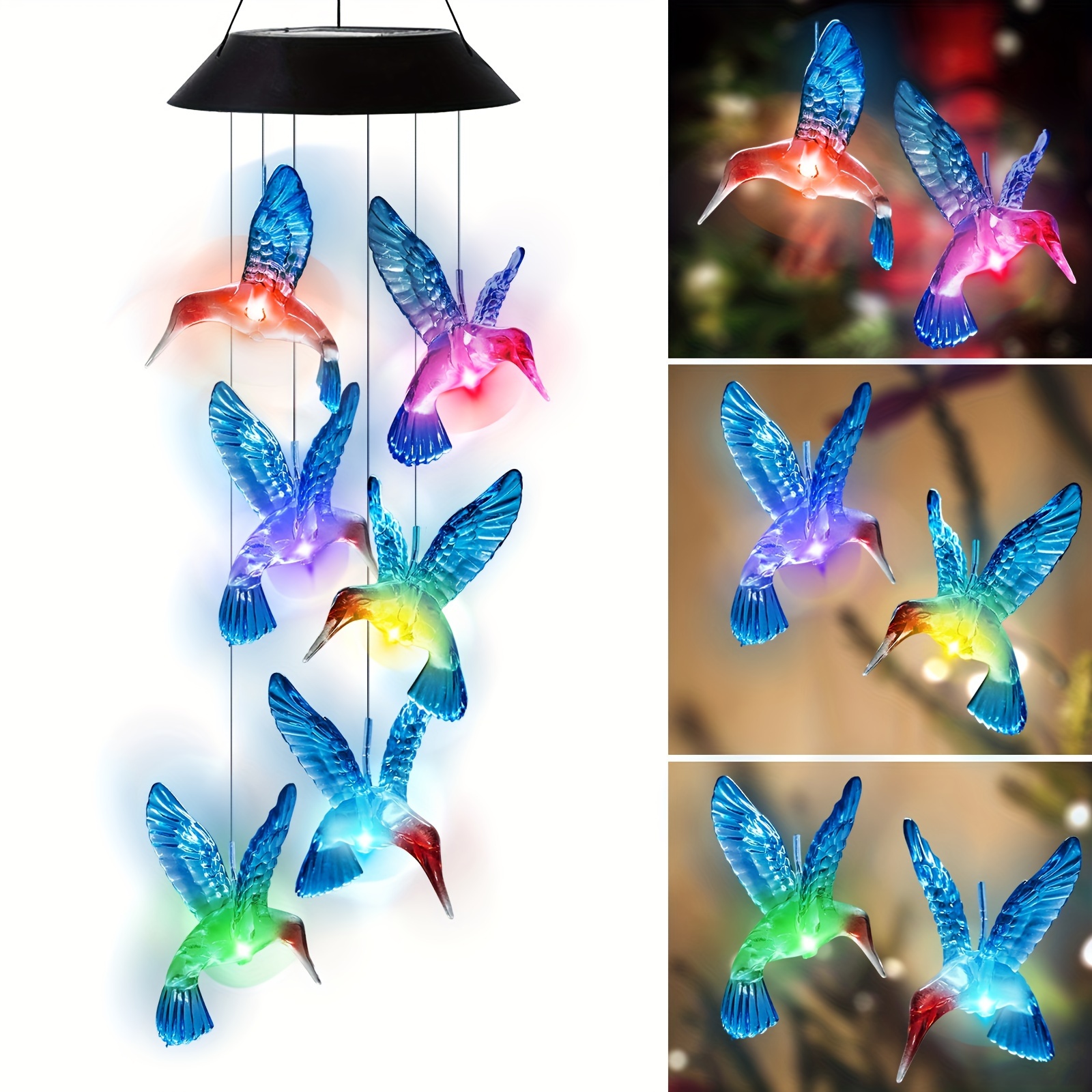 1 pieza de campanillas de viento solares LED con colibrí, luces solares LED que cambian de color, regalos de cumpleaños para mujeres, regalos de jardín para mamá y abuela, campanillas de viento conmemorativas para el Día de la Madre