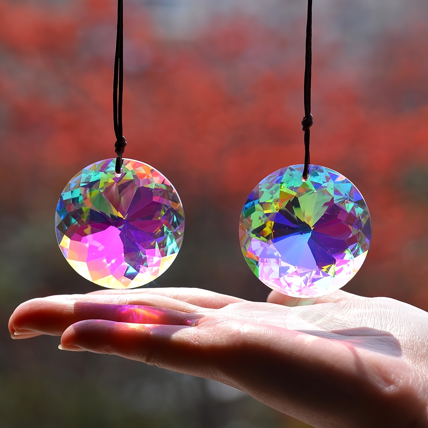 Image of 2pcs, Circle , Hanging Suncatchers With Glass Prism, For Windows, Balcony, Kitchen, Garden Decoration (2pcs Circle)