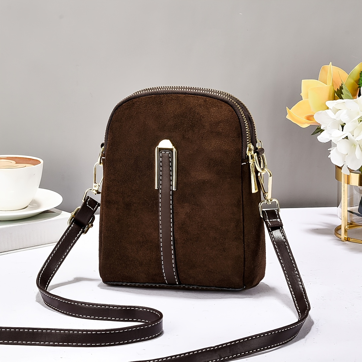 TEMU Women's Suede Vertical Crossbody Bag With Large Capacity & Compartments - Suitable For Shopping, Commuting, Travel, Phone Holder & Coin Purse,