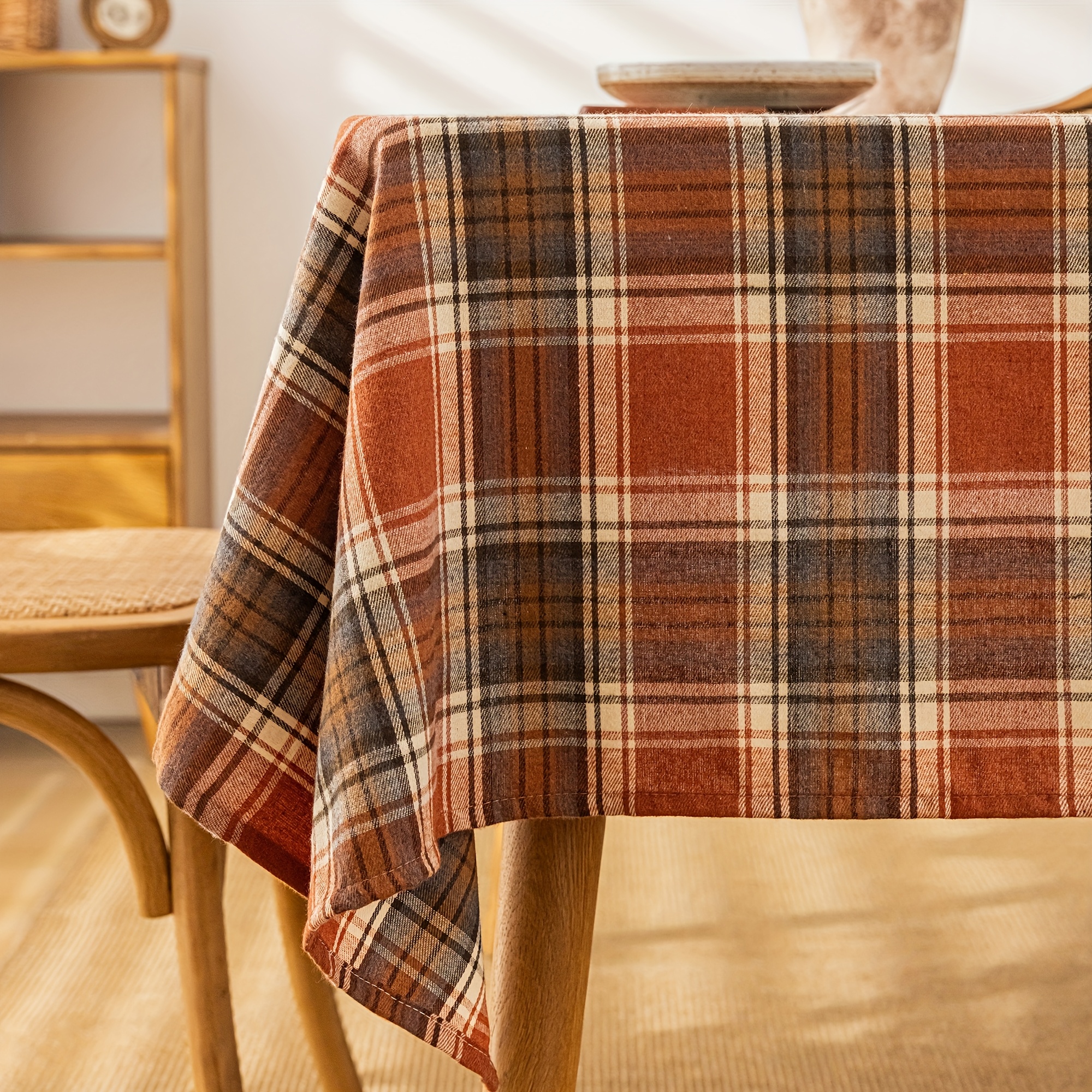 Image of Autumn Plaid Tablecloth, British Vintage Style Dining Tablecloth, 140*140cm, Suitable For Dining Room, Living Room, And Coffee Table Cover