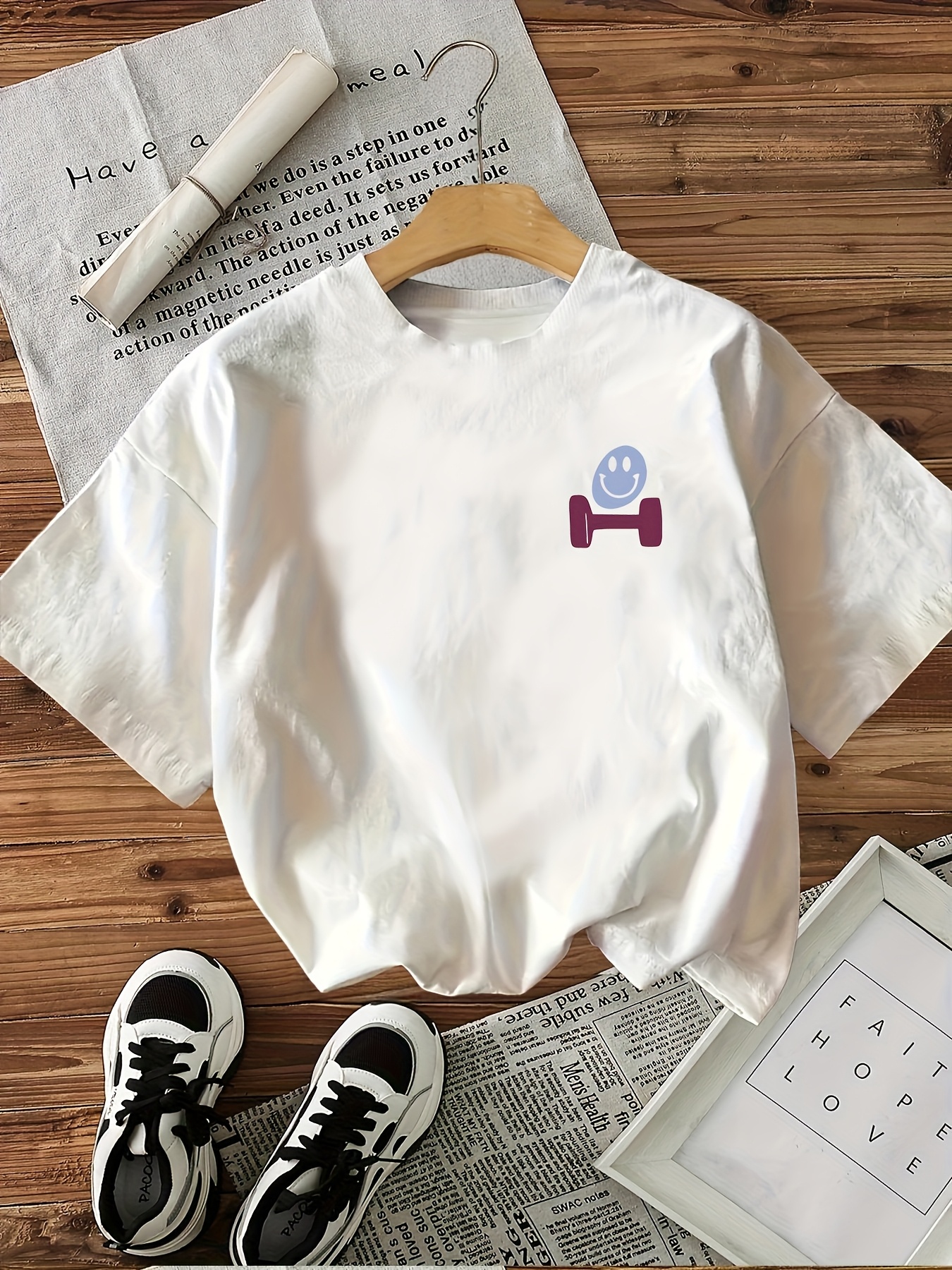 Women'* Motivational T-Shirt &*;* *&*; Graphic Workout Top with Faces  Weights, Breathable Medium-Stretch Fabric, Casual