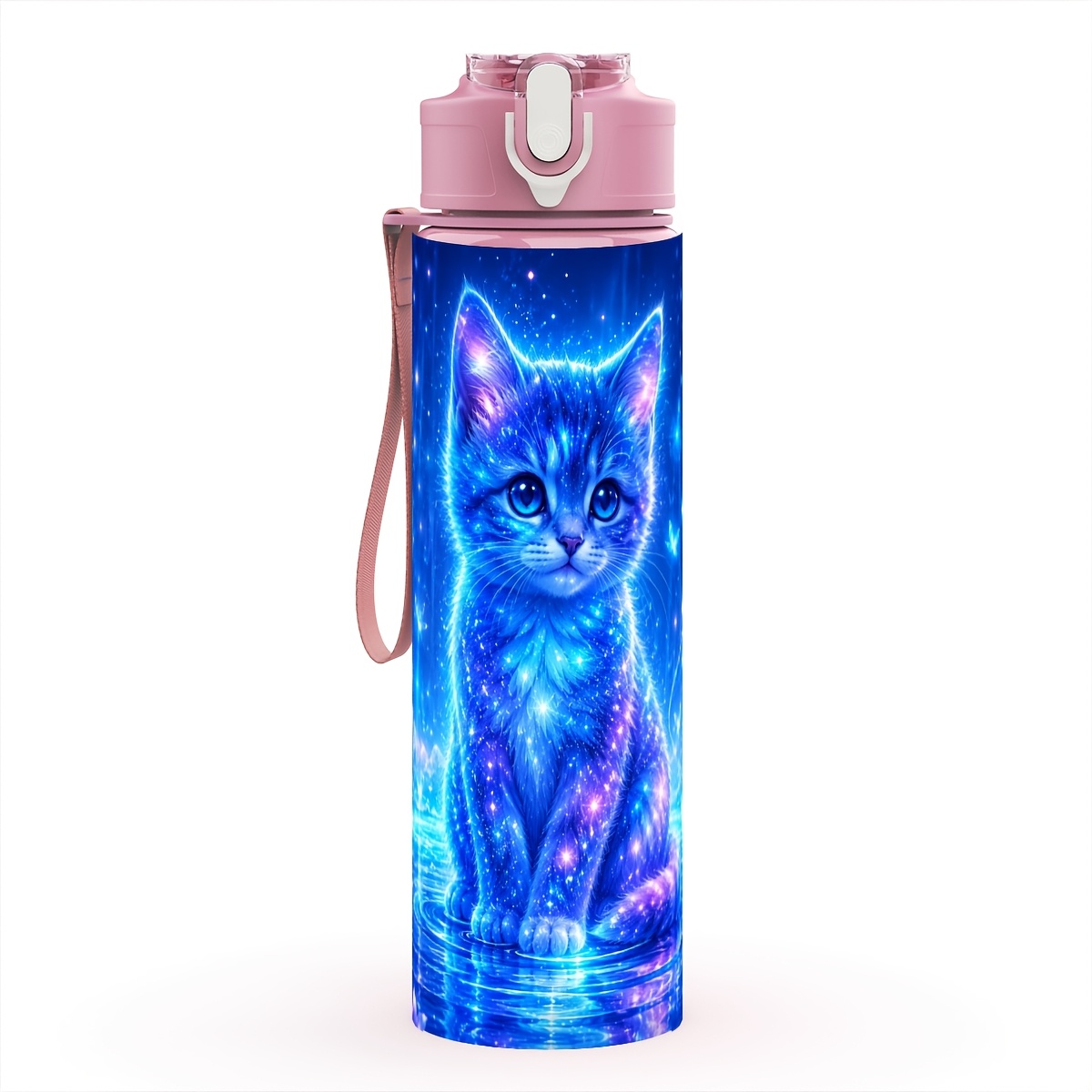 TEMU 1pc 750ml Plastic Straw Water Bottle, Blue Kitten Design, Workout Ready, Portable Cup With Clear Lid, Carry Loop, Easy-clean Mouth, For