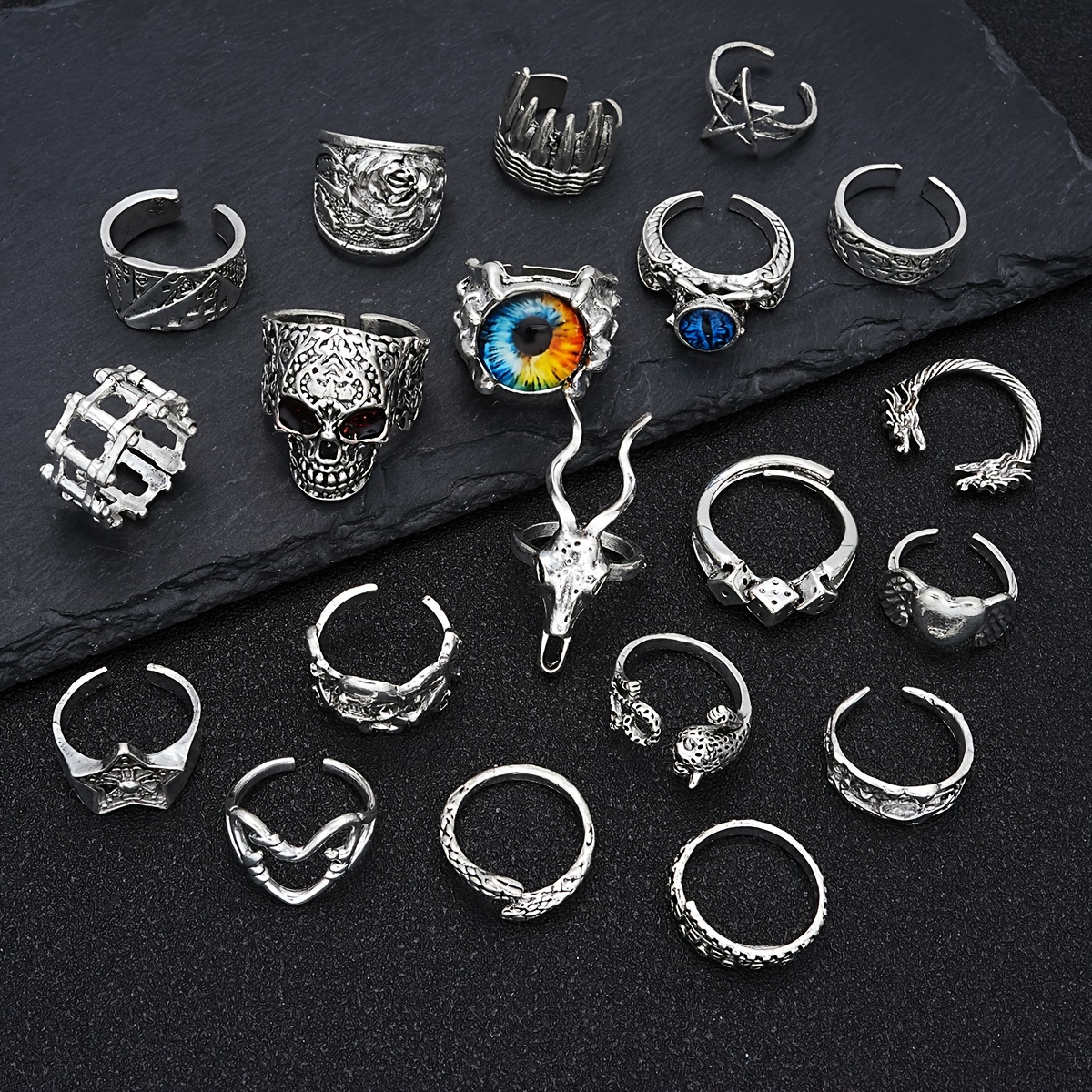 

20-piece Gothic Punk Set, Zinc Alloy, Skull, , , , Dia De Los Muertos, Party, Dinner, Wear, Women' Rings, Vintage, Gothic, , No Gemstone, Accessory