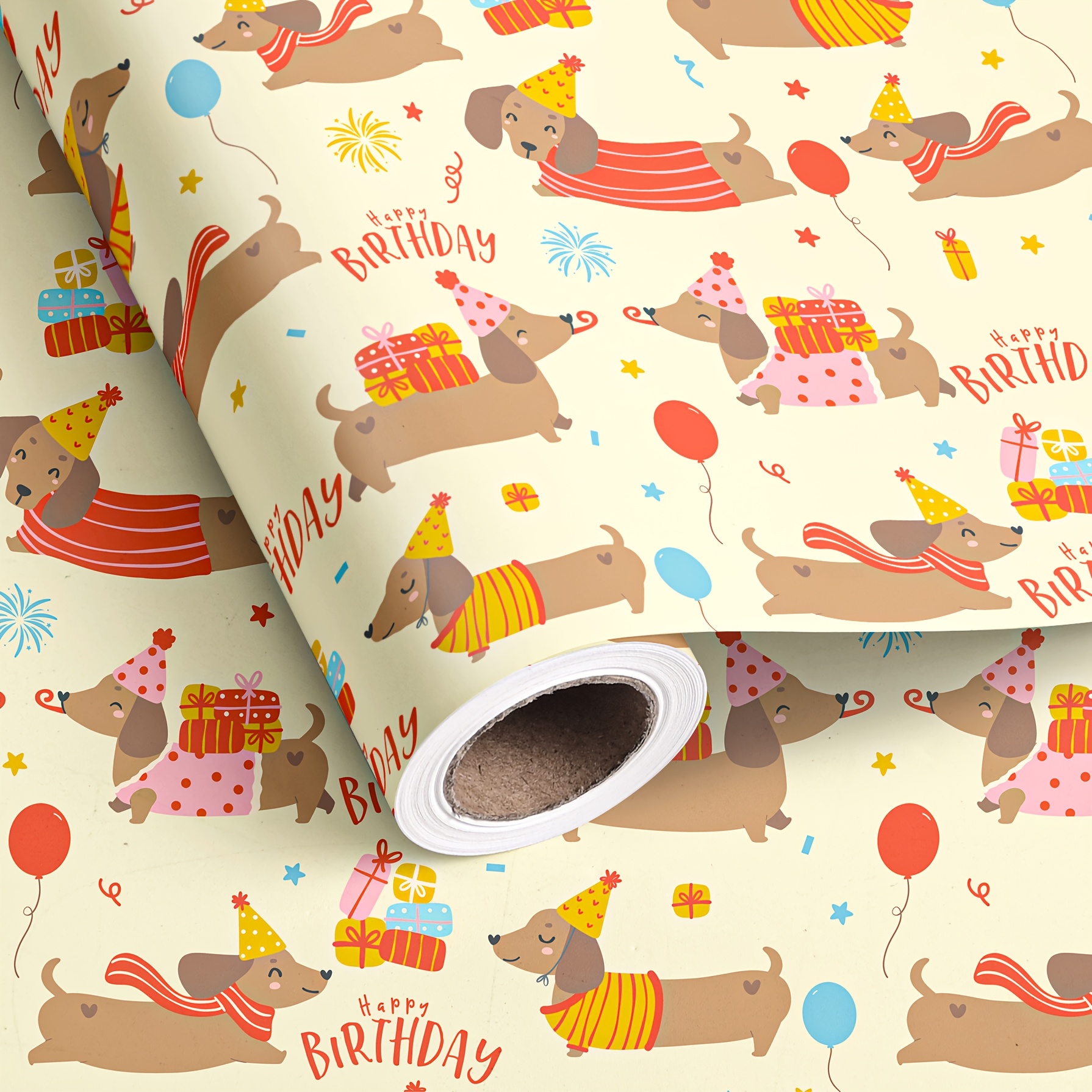Image of 1 Roll Of Birthday Gift Wrapping Paper | Featuring Cartoon Dachshunds, Birthday Hats, And | Ideal For Birthdays, , And All Types Of Parties | Total Area: 28.5