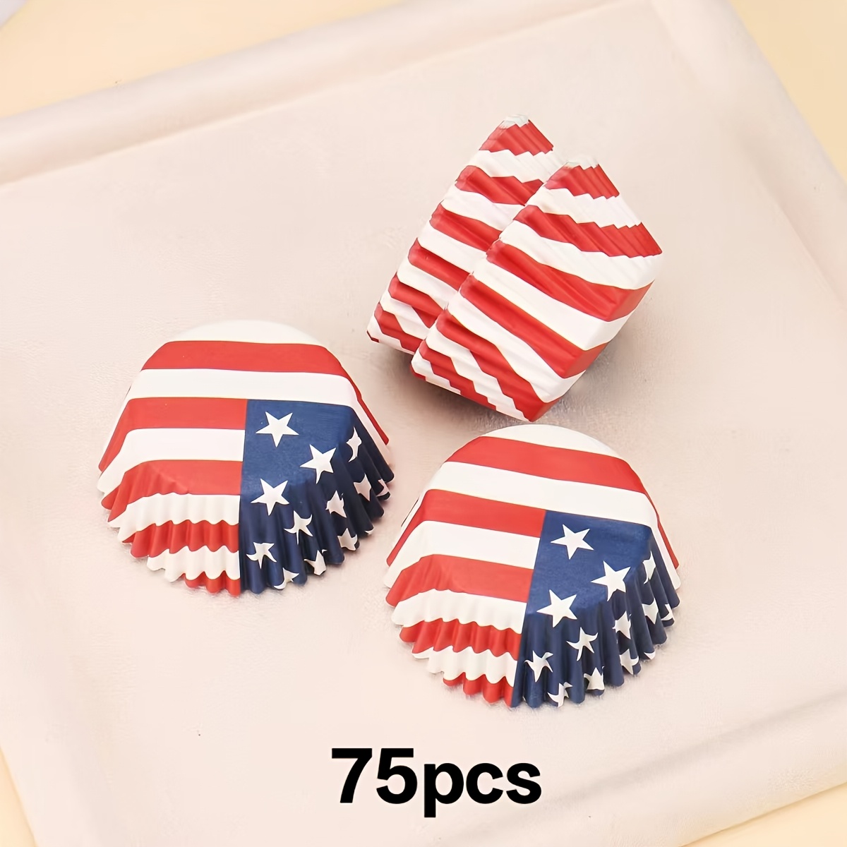 Image of 75pcs/300pcs American Day Themed Paper Cups - Star Stripes Suitable For 4th Of, Oil-resistant Baking Cups With Cake Liners For Parties, Picnics, Bbqs, Cupcakes & Cakes