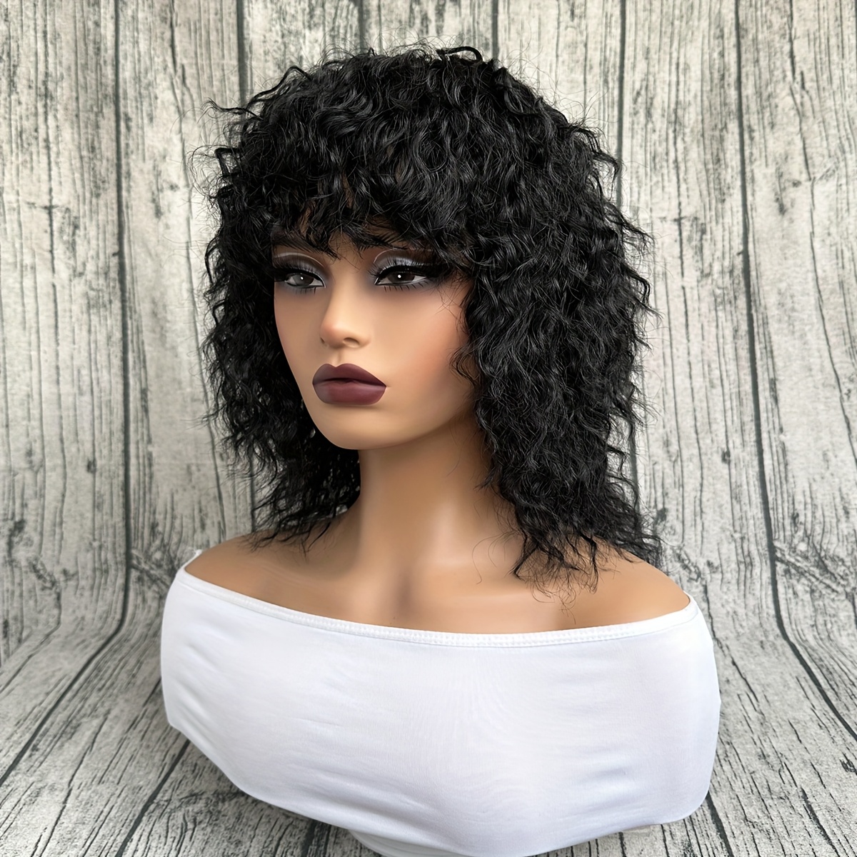 TEMU 16 Inch Medium Length Heat Resistant Synthetic Curly Wig With Bangs - 130% Density Curl Black Hair For Women, Elegant For , Parties, Halloween & Christmas, Hair Wig