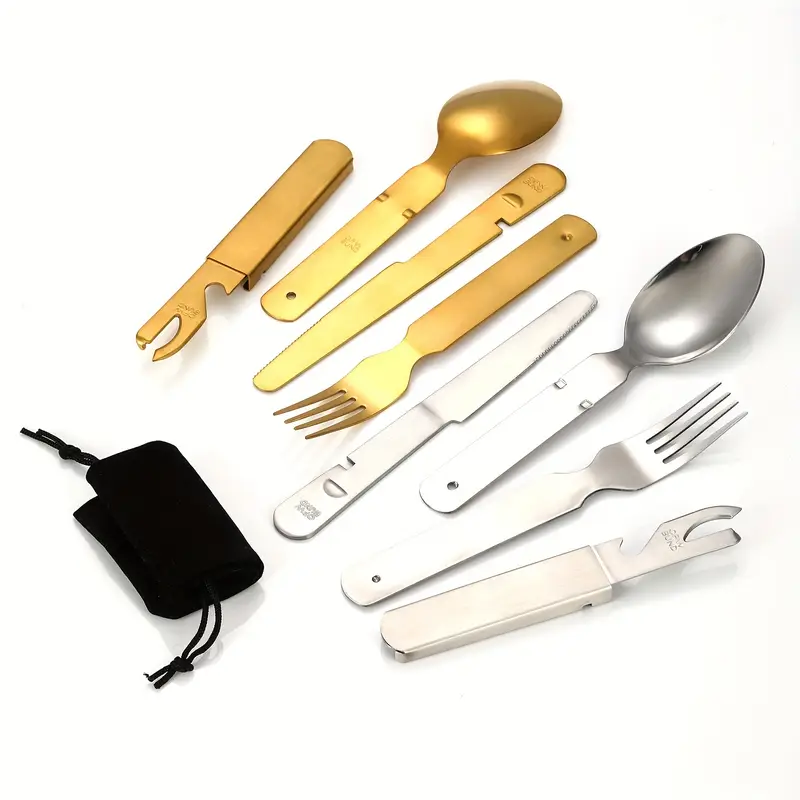 personalized customization 4pcs stainless steel portable outdoor tableware set suitable for travel with knife bottle opener and storage bag outdoor combination tableware camping outdoor travel and silvery Product details 4