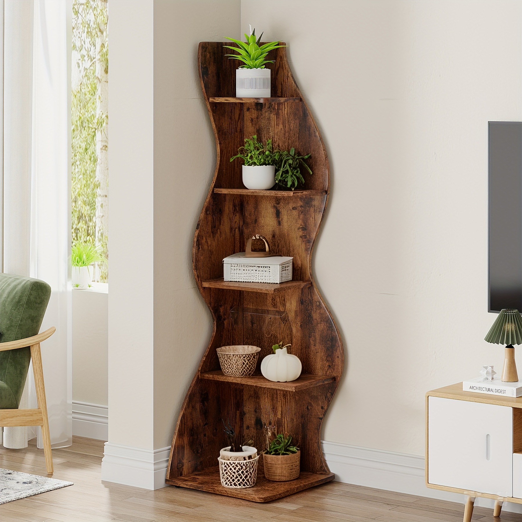 TEMU Contemporary 5-shelf Corner Wall Unit, Stylish Seagrass Design, Wood Storage Rack For Living Room, Office, Balcony, Color, Easy To , Curved