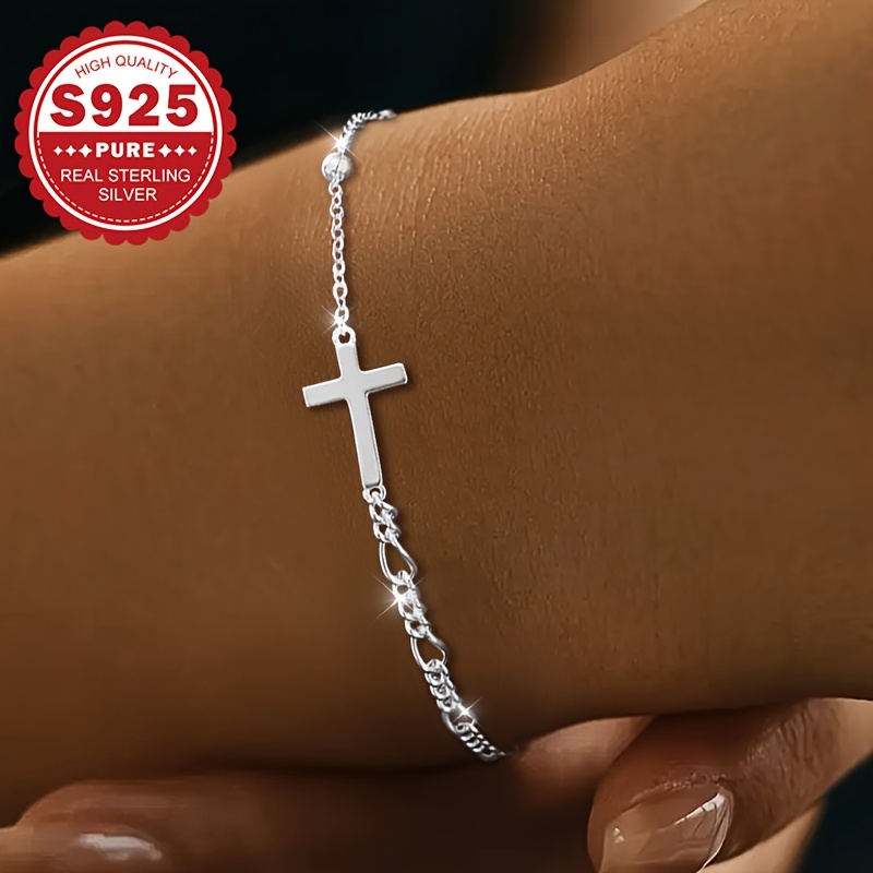Image of Women's S925 Silvery Dual-chain Bracelet With Geometric Cross Design, Minimalist For Daily Wear & Events, Hypoallergenic Signature Gift For Her