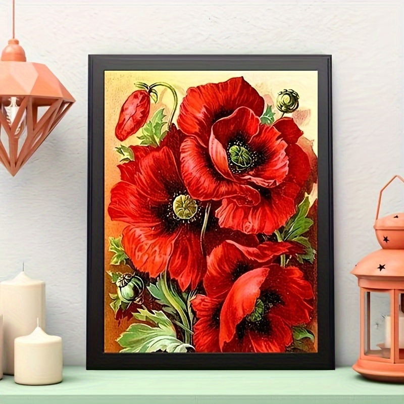 

5d Diy Diamond Painting Kit For Adults - Vibrant Red Poppy Flowers, Round Diamond Art Set, Canvas, Home Decor Craft, Handmade Gift For Party, Exercise, School Activities - 20x30cm