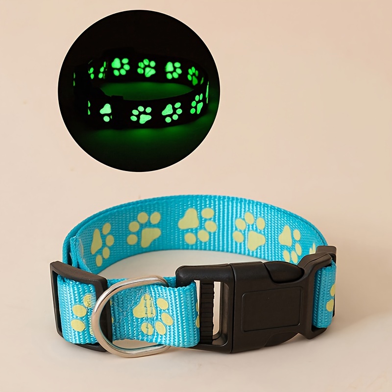 1pc paw print glow in the dark dog collar adjustable head and snap   polyester material animal print pattern night visibility for indoor and outdoor use   blue 12