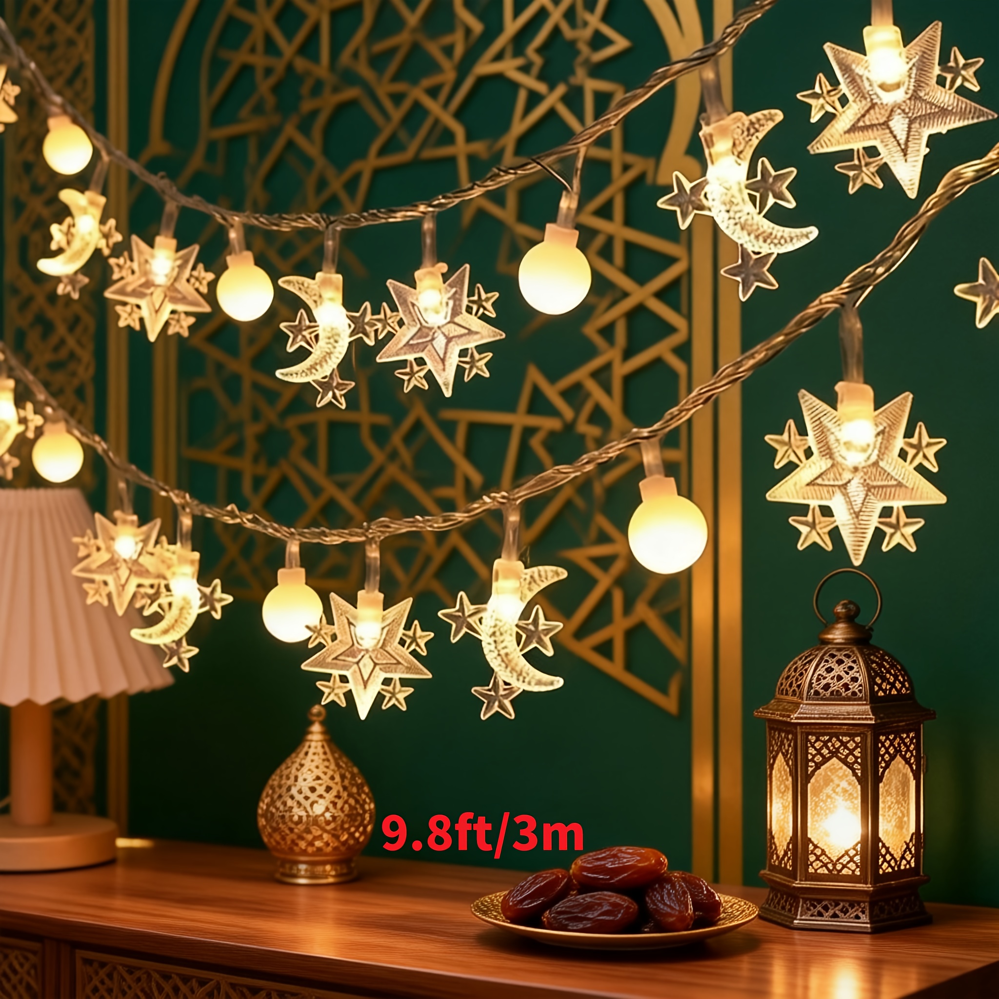 TEMU Catena Luminosa LED da (9.8Ft) con Ramadan, Lunazioni e Mini Palline. Perfetta per San, Capodanno, Decorazioni Festive Musulmane per la Casa.