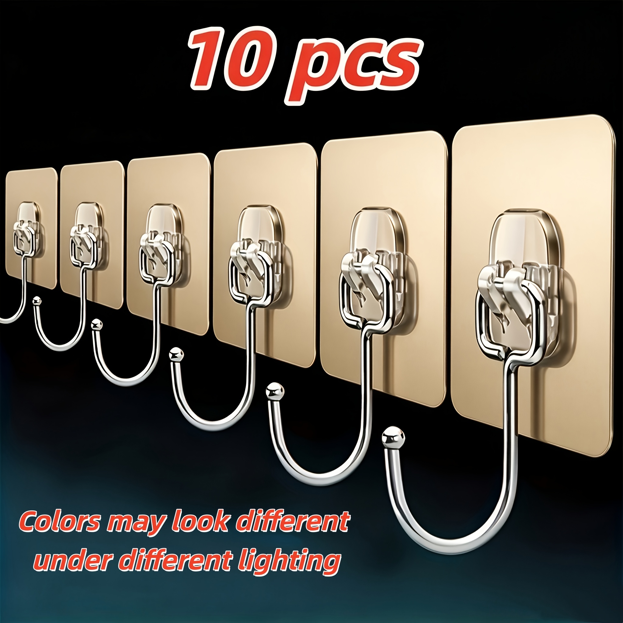 TEMU Lot de 10 crochets super adhésifs très résistants perçage - Crochets dorés réutilisables - Convient pour cuisine, salle de bain, murs carrelés -