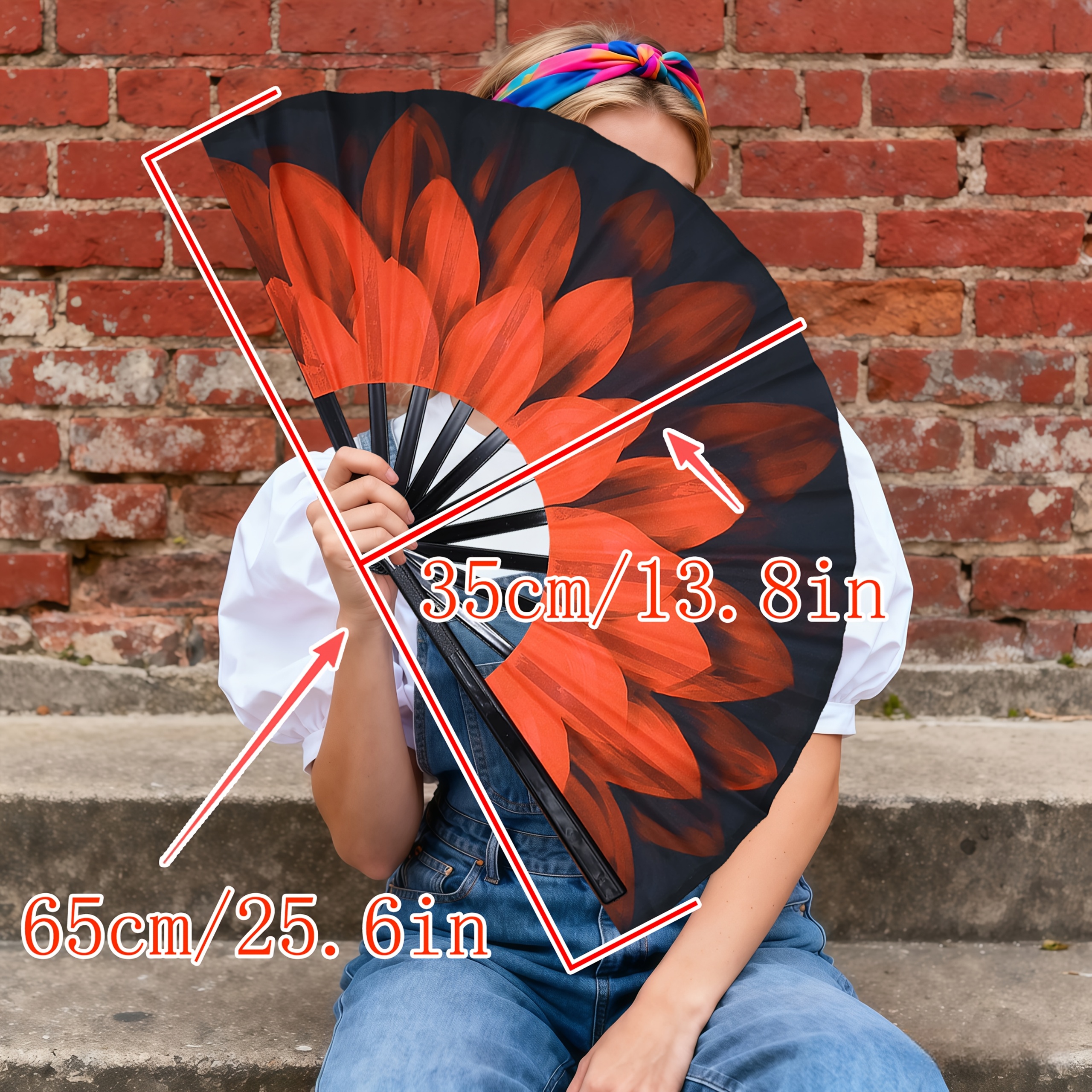 TEMU 13'' Red Flower Folding Fan-large Hand Fan With For Festivals, Raves, Parties, Clubs, Concerts, Costumes, Cosplay, Outdoor Events, Summer Trips,