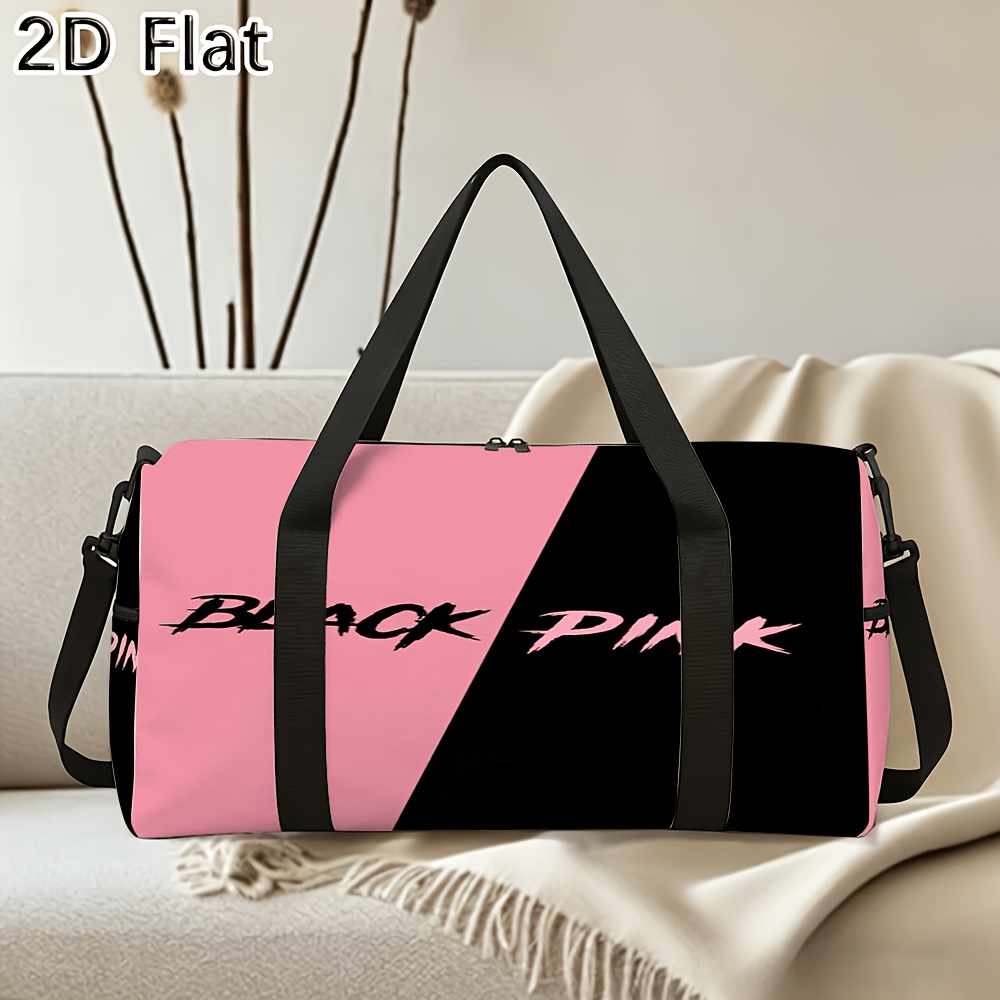 TEMU 1pc Pink And Black Contrast Printed Portable Gym Duffel Bag For Outdoor And Sports Workout