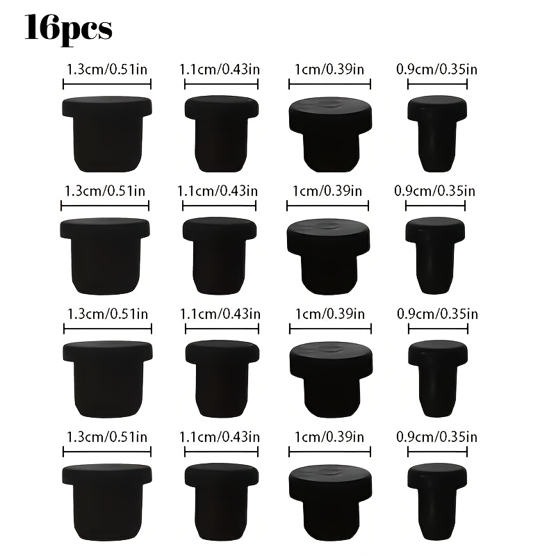 TEMU 16pcs Black Silicone Snap Lock Holes - Anti-slip Design, 4 Sizes (5.5-9.5mm), Sealed Lid, Suitable For Multifunctional Plugs, Bottles, Flower